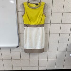 Chic Tahari Yellow and White Dress with Tan Accents